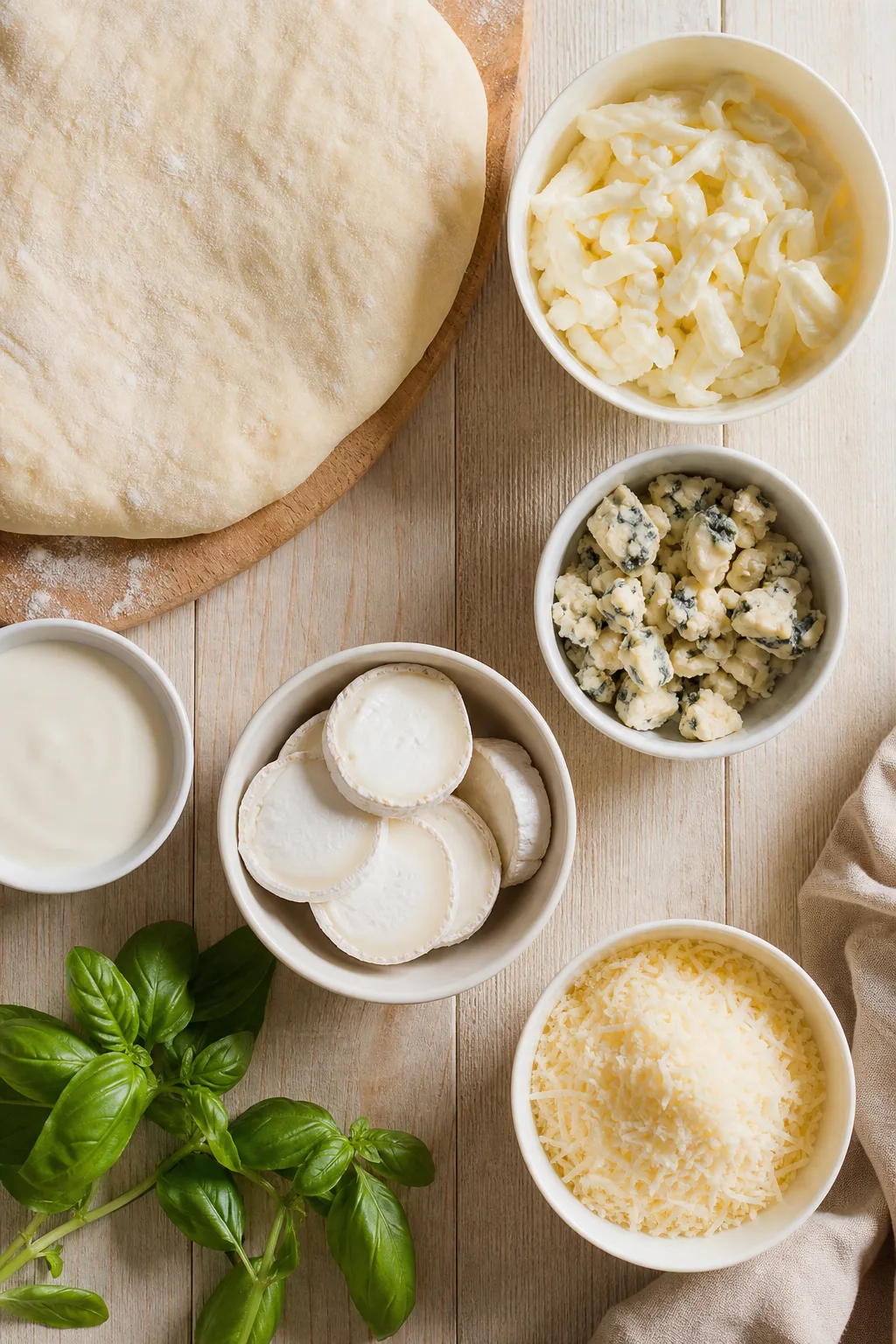 Ingrédients préparés pour Pizza 4 fromages bien fondante