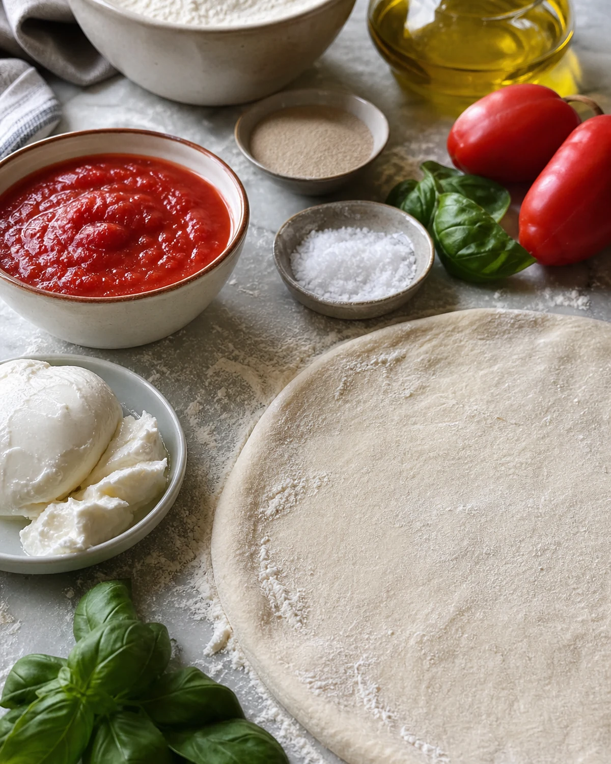 Ingrédients préparés pour Pizza margherita maison