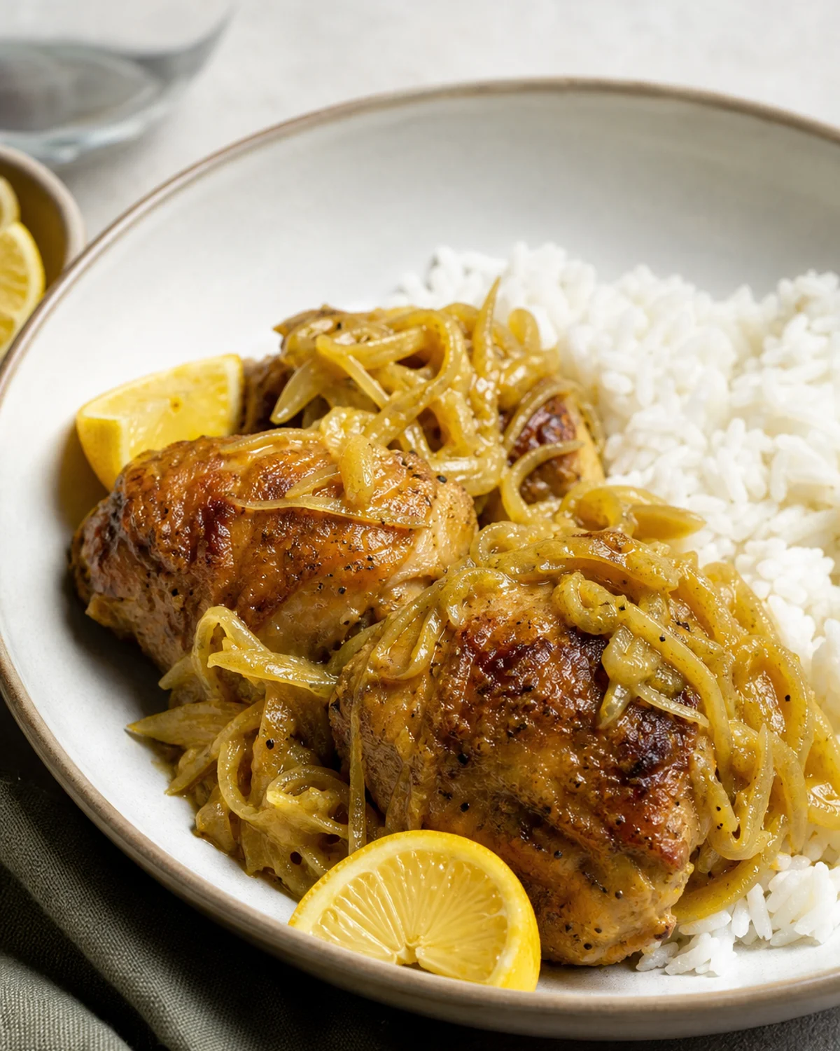 Poulet yassa doré avec oignons confits au citron et riz blanc
