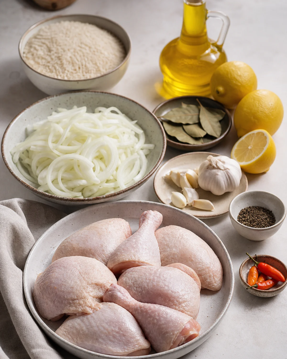 Ingrédients pour poulet yassa avec poulet, oignons, citrons, moutarde, ail et riz