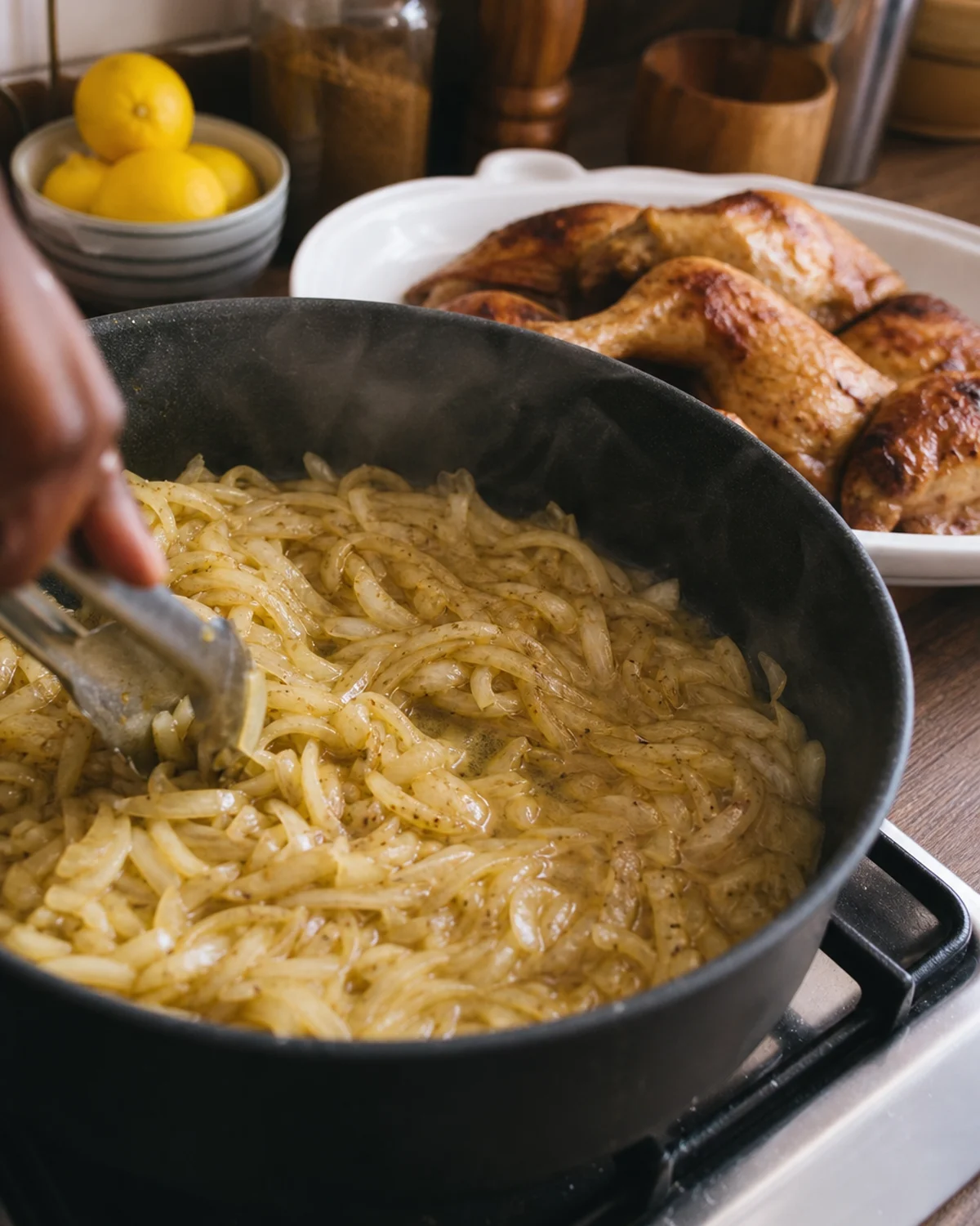 Oignons de poulet yassa qui fondent en sauteuse avec marinade citron moutarde