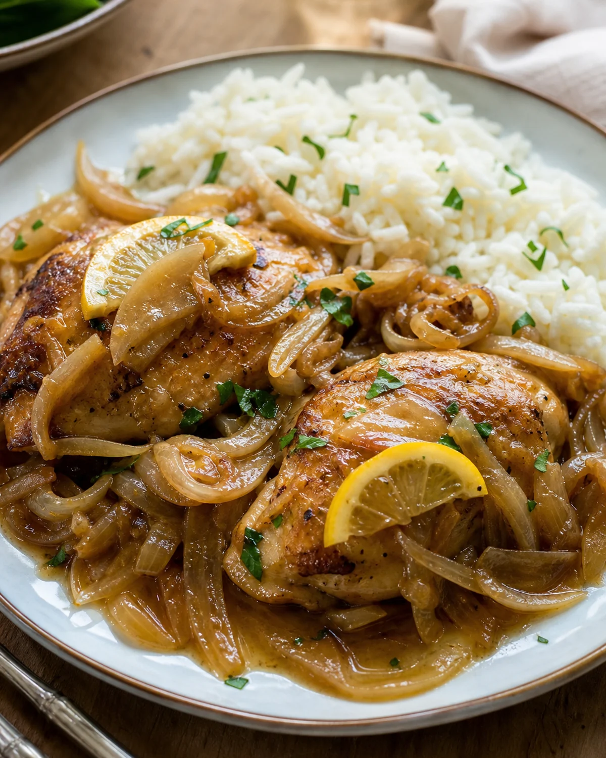 Assiette de poulet yassa servie avec riz blanc, oignons confits et citron