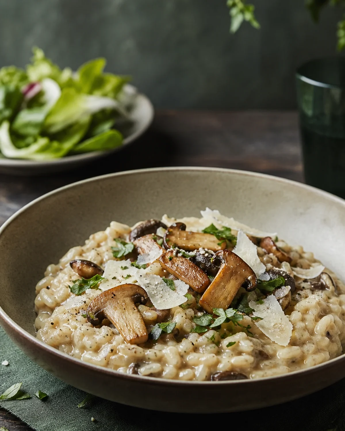 Risotto aux champignons servi dans une présentation finale appétissante