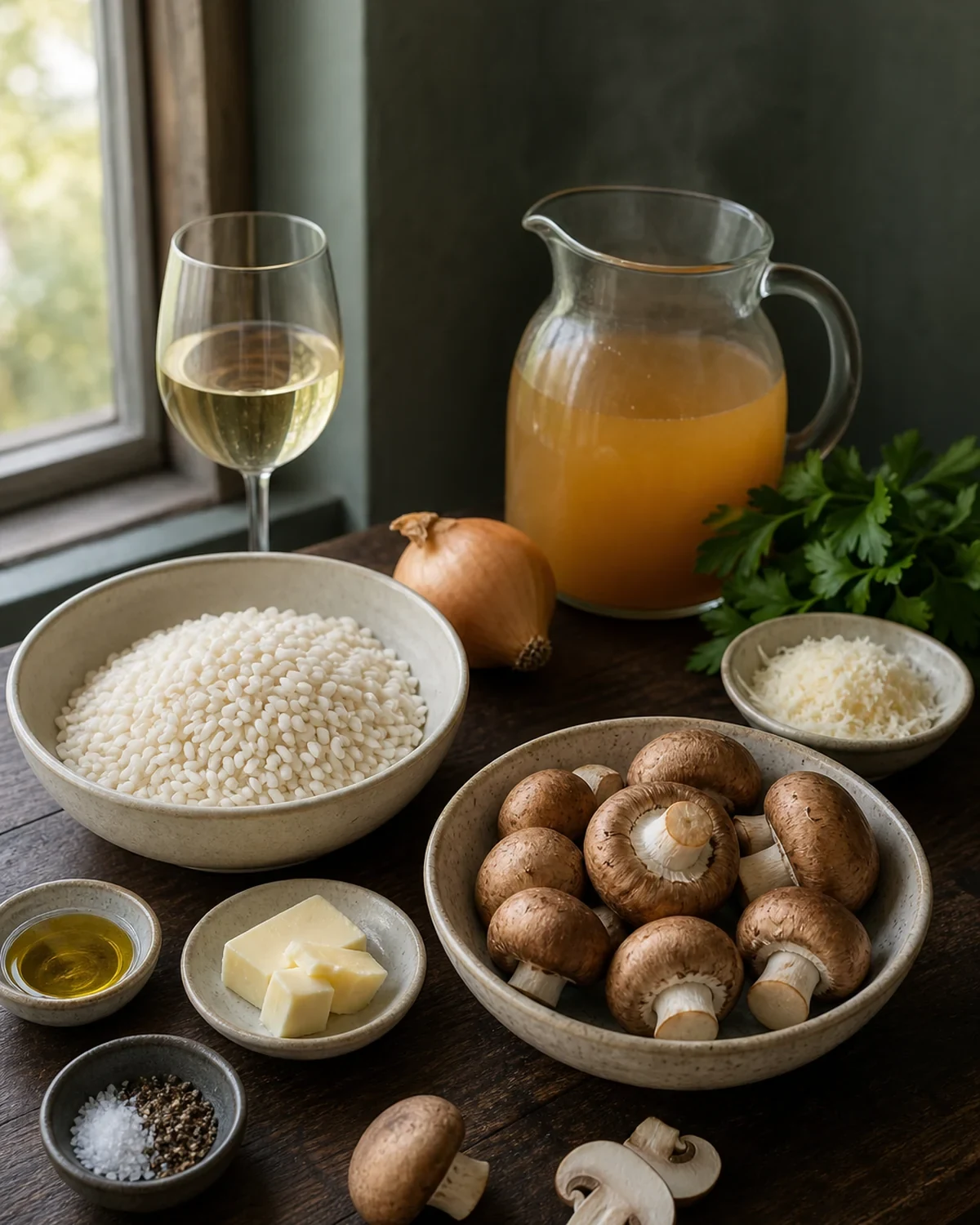 Ingrédients préparés pour Risotto aux champignons
