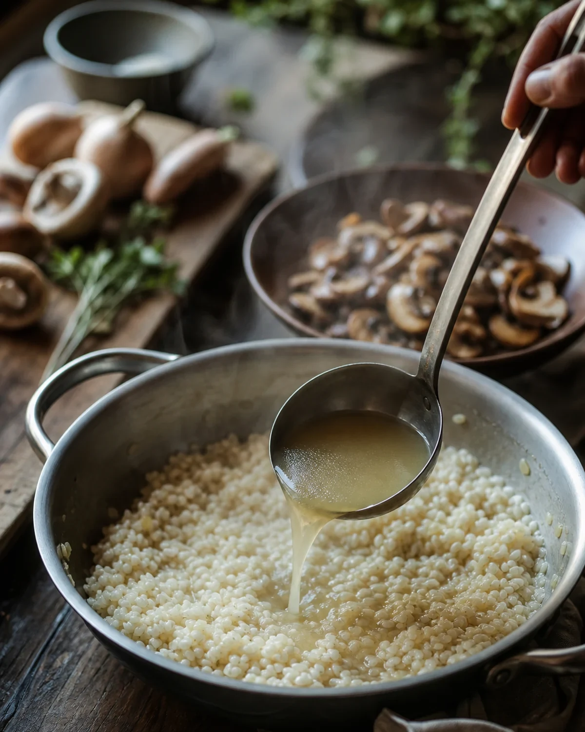Préparation de Risotto aux champignons