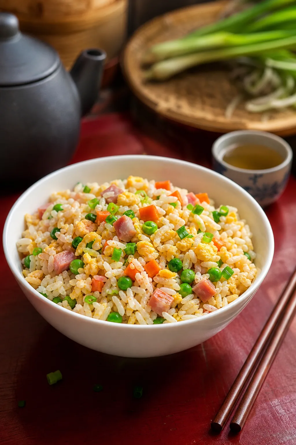 Riz cantonais sauté au wok servi dans une présentation finale appétissante