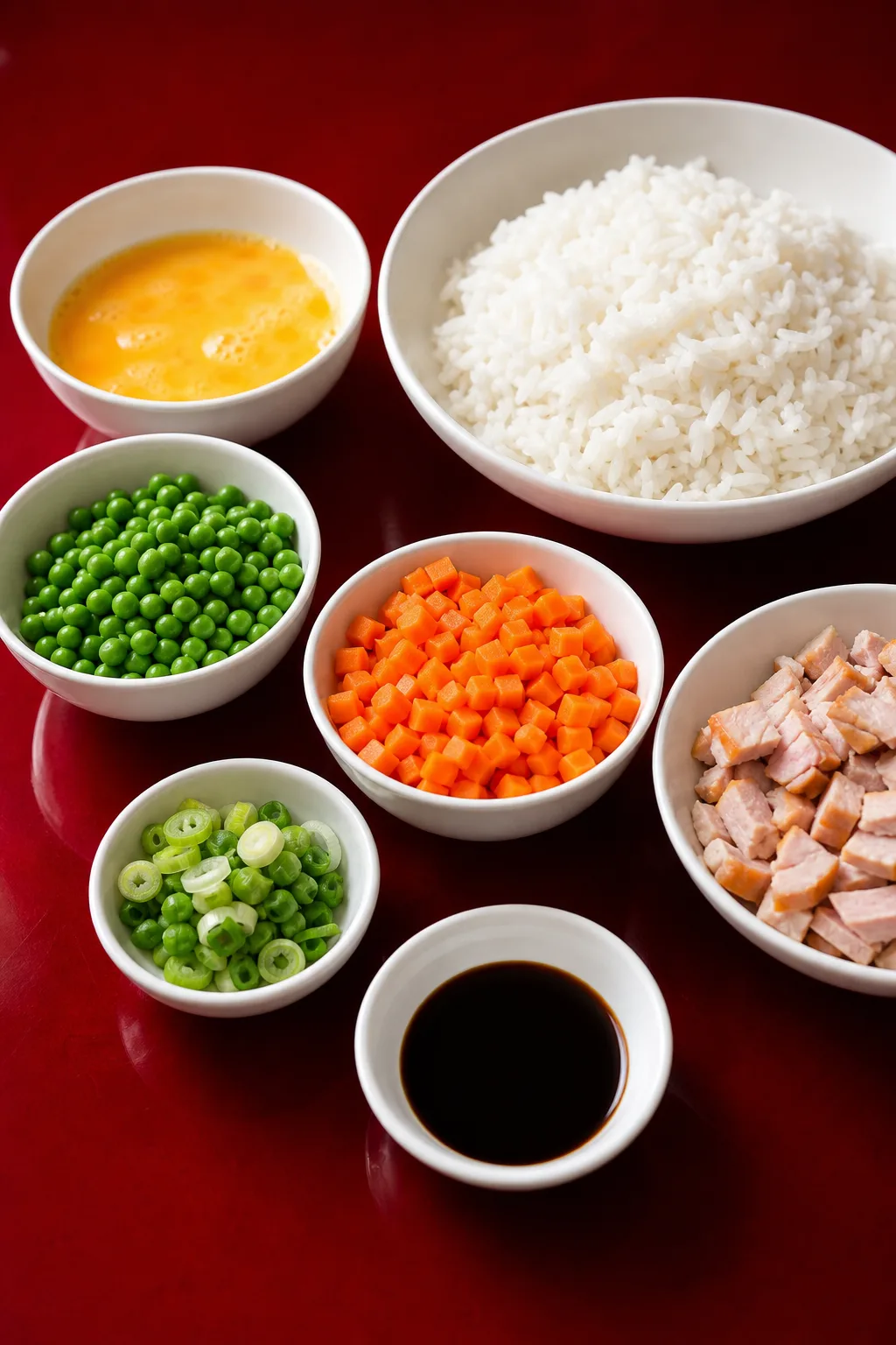 Ingrédients préparés pour Riz cantonais sauté au wok