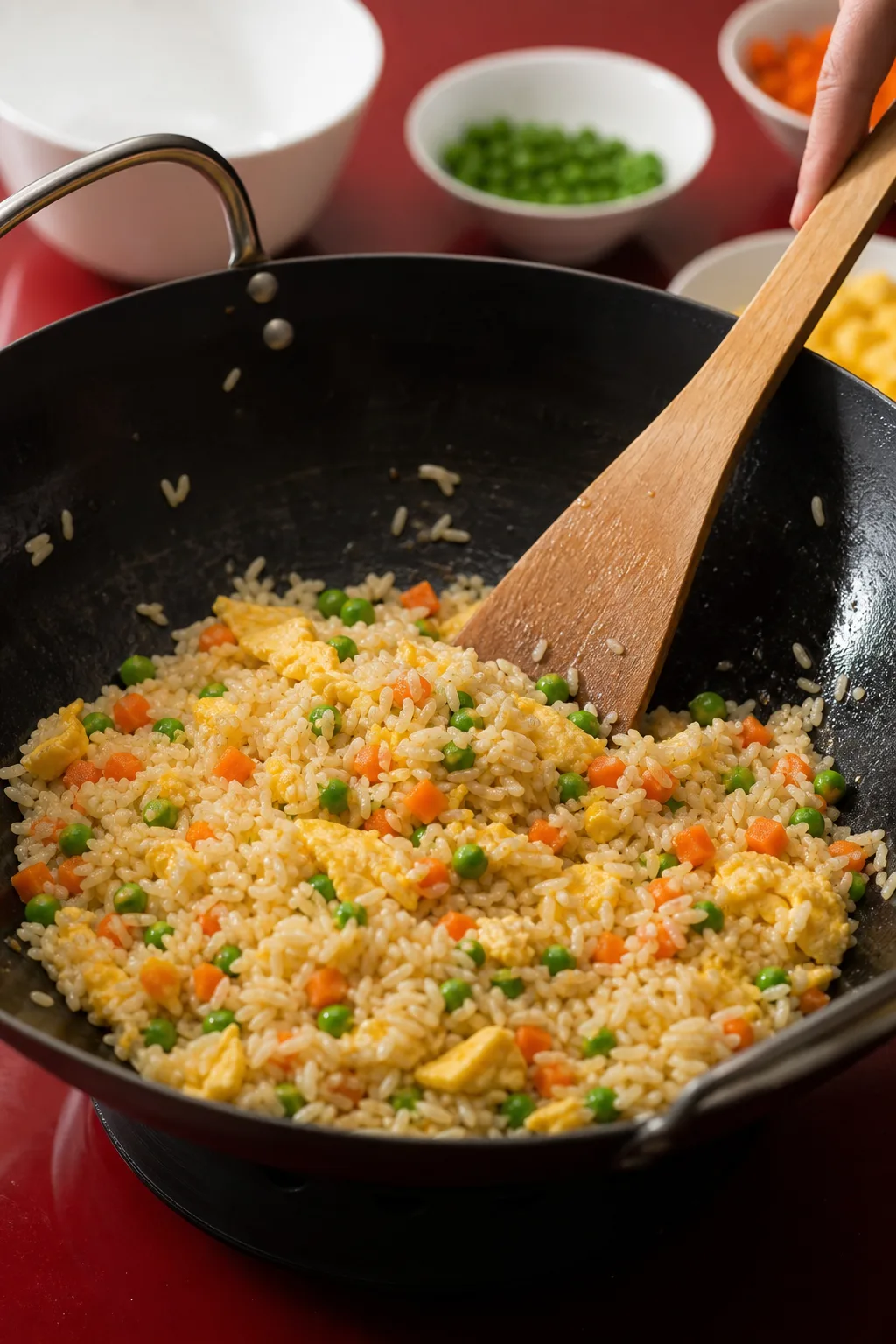 Étape de préparation de Riz cantonais sauté au wok