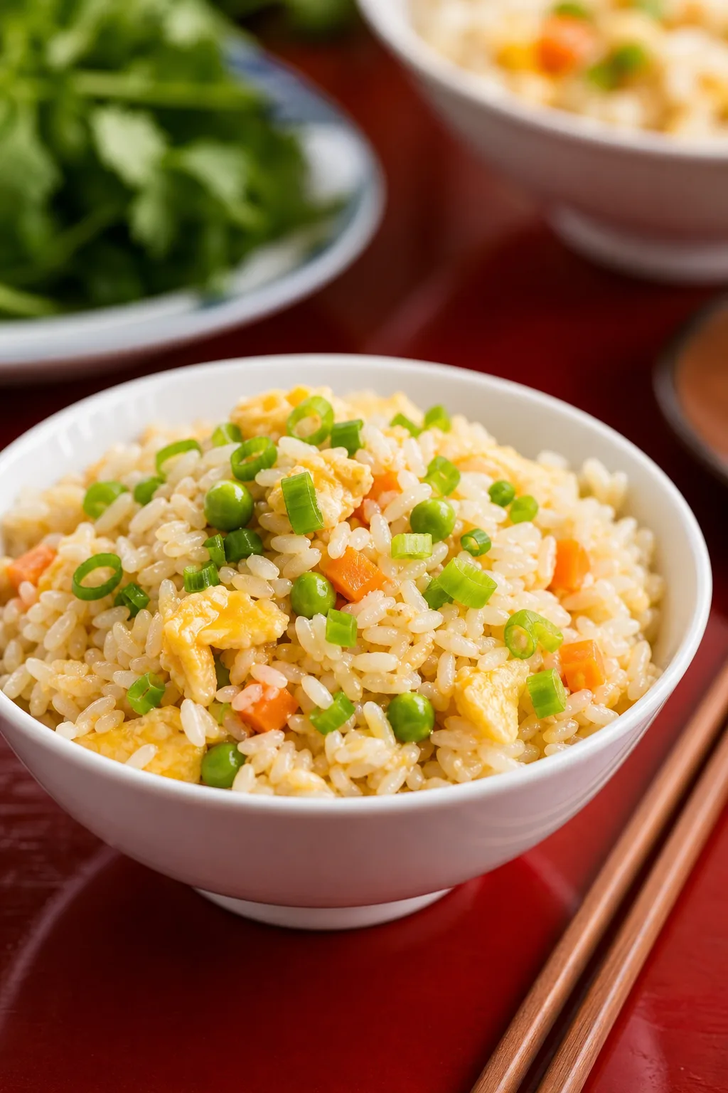 Riz cantonais sauté au wok servi à table avec accompagnement simple