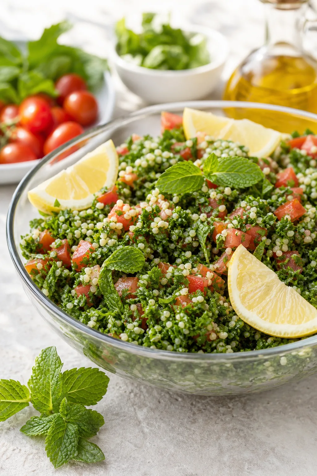 Saladier de taboulé vert au persil, tomate, menthe et boulgour avec quartiers de citron
