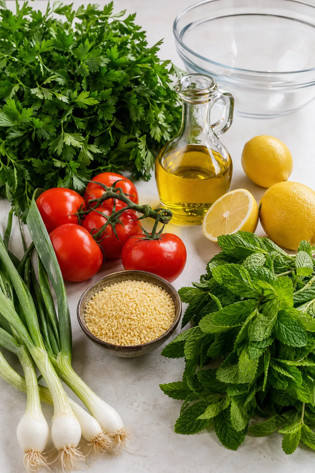 Persil, menthe, tomates, oignons nouveaux, boulgour fin, citrons et huile d’olive pour le taboulé