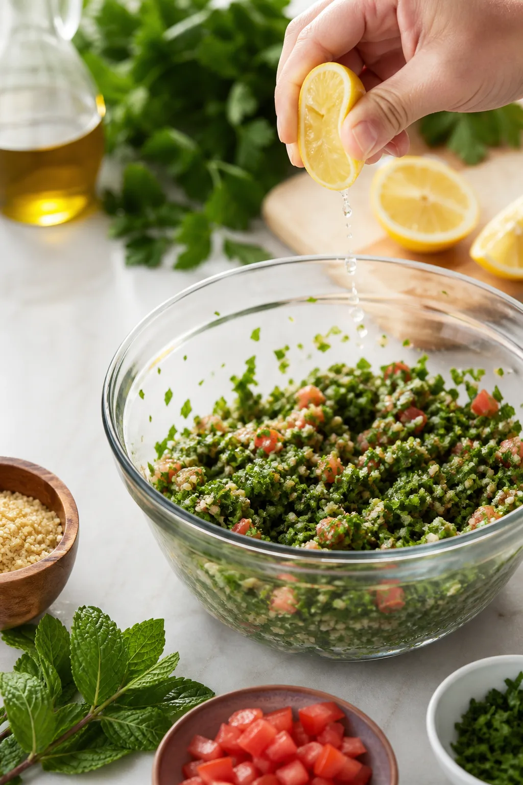 Main pressant un demi-citron au-dessus d’un saladier de persil, tomate, menthe et boulgour