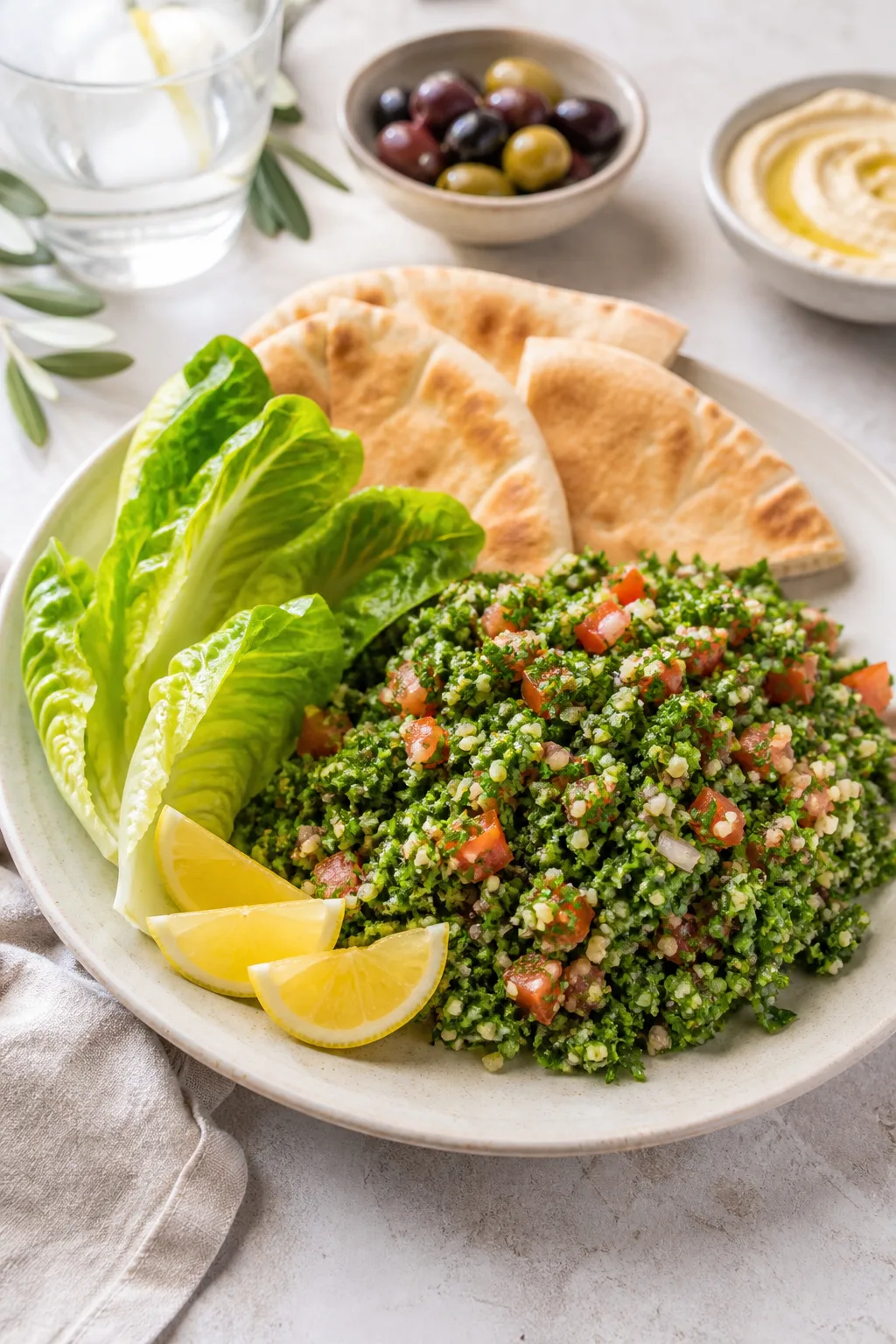 Assiette de taboulé au persil servie avec laitue romaine, pain pita, citron et olives