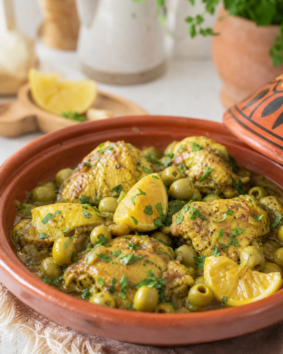 Tajine poulet citron confit servi dans une présentation finale appétissante