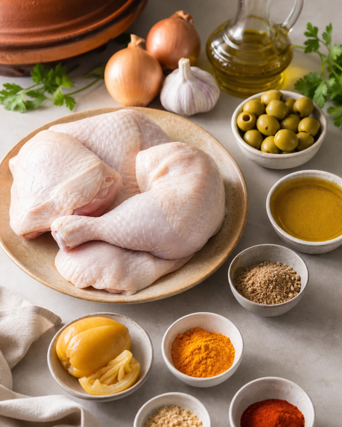 Ingrédients préparés pour Tajine poulet citron confit