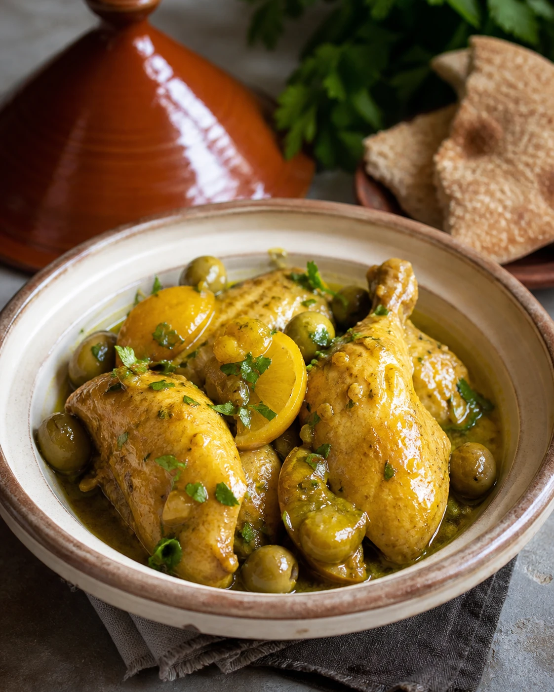 Tajine poulet citron confit servi à table avec accompagnement simple