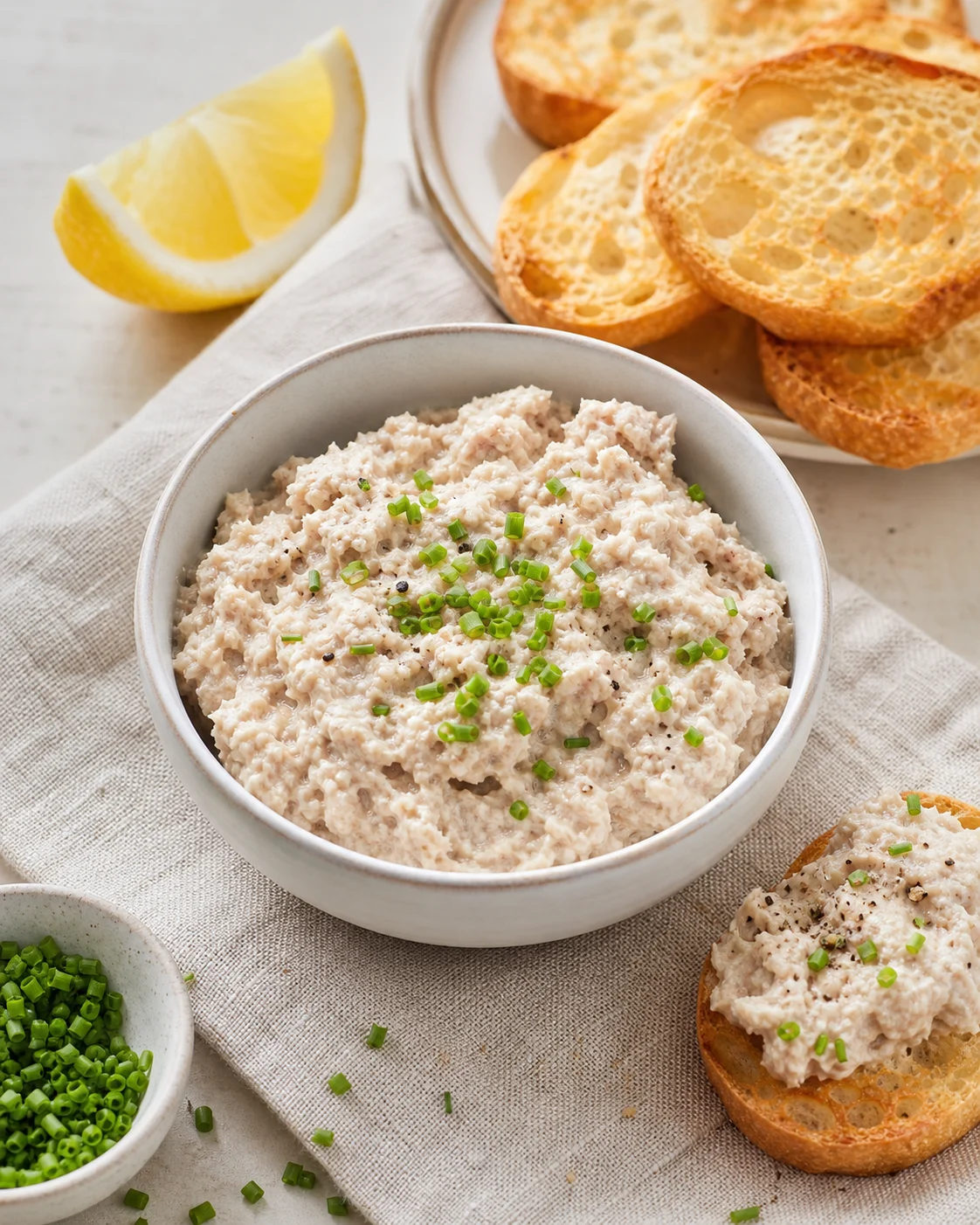 Bol de rillettes de thon au fromage frais avec ciboulette, citron et toasts croustillants sur table claire