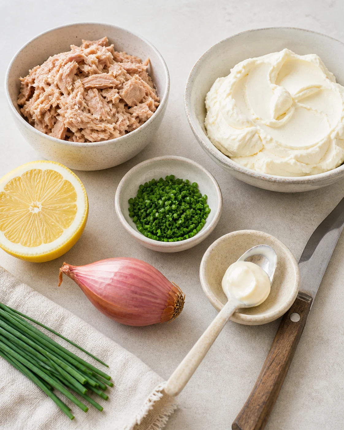 Ingrédients pour rillettes de thon au fromage frais avec thon égoutté, fromage frais, citron, échalote et ciboulette sur plan de travail clair