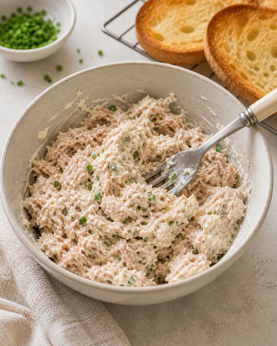 Préparation de rillettes de thon au fromage frais mélangées à la fourchette dans un bol avec ciboulette et toasts proches