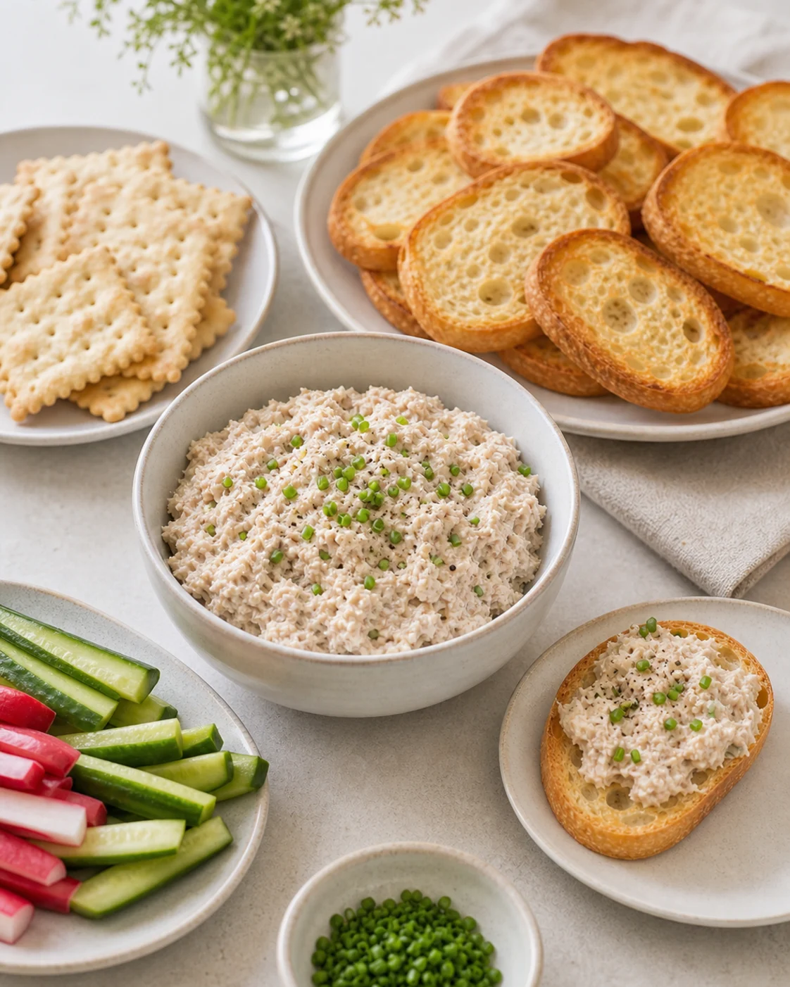 Rillettes de thon au fromage frais servies avec toasts, crackers et crudités sur petite table d’apéritif lumineuse