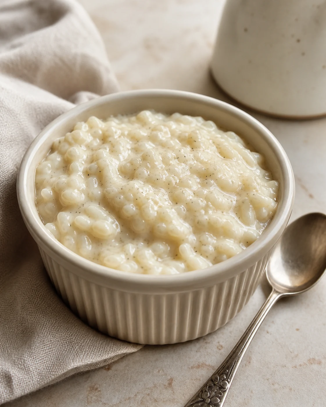 Riz au lait cremeux a la vanille servi dans un ramequin clair avec grains visibles et surface souple