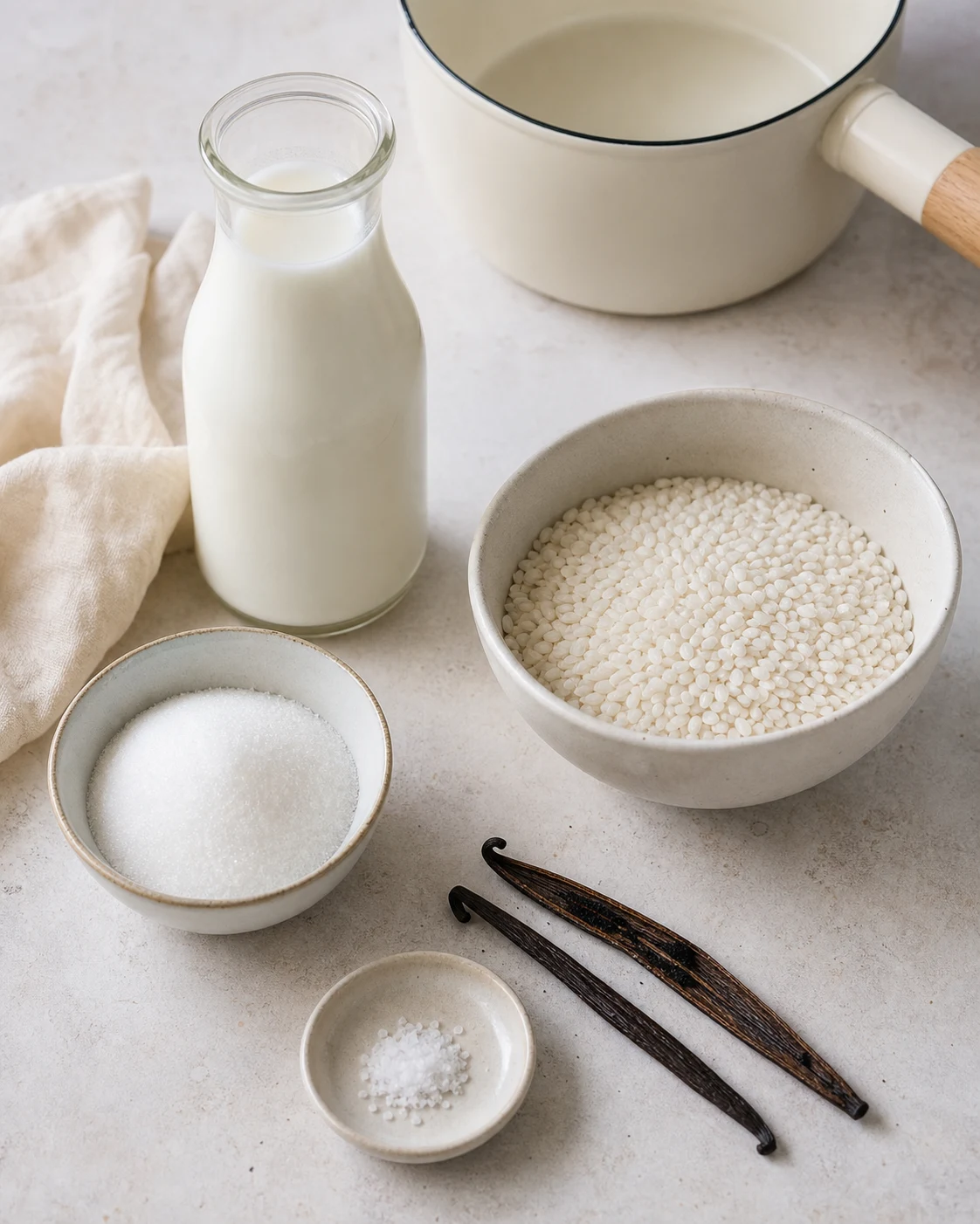 Ingredients du riz au lait avec riz rond, lait entier, sucre, gousse de vanille et petite pincee de sel sur plan de travail clair