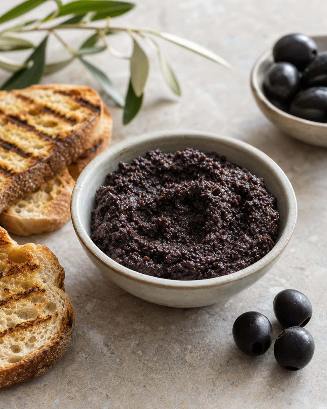 Bol de tapenade noire maison servi avec toasts grillés, olives noires et petite cuillère sur table claire