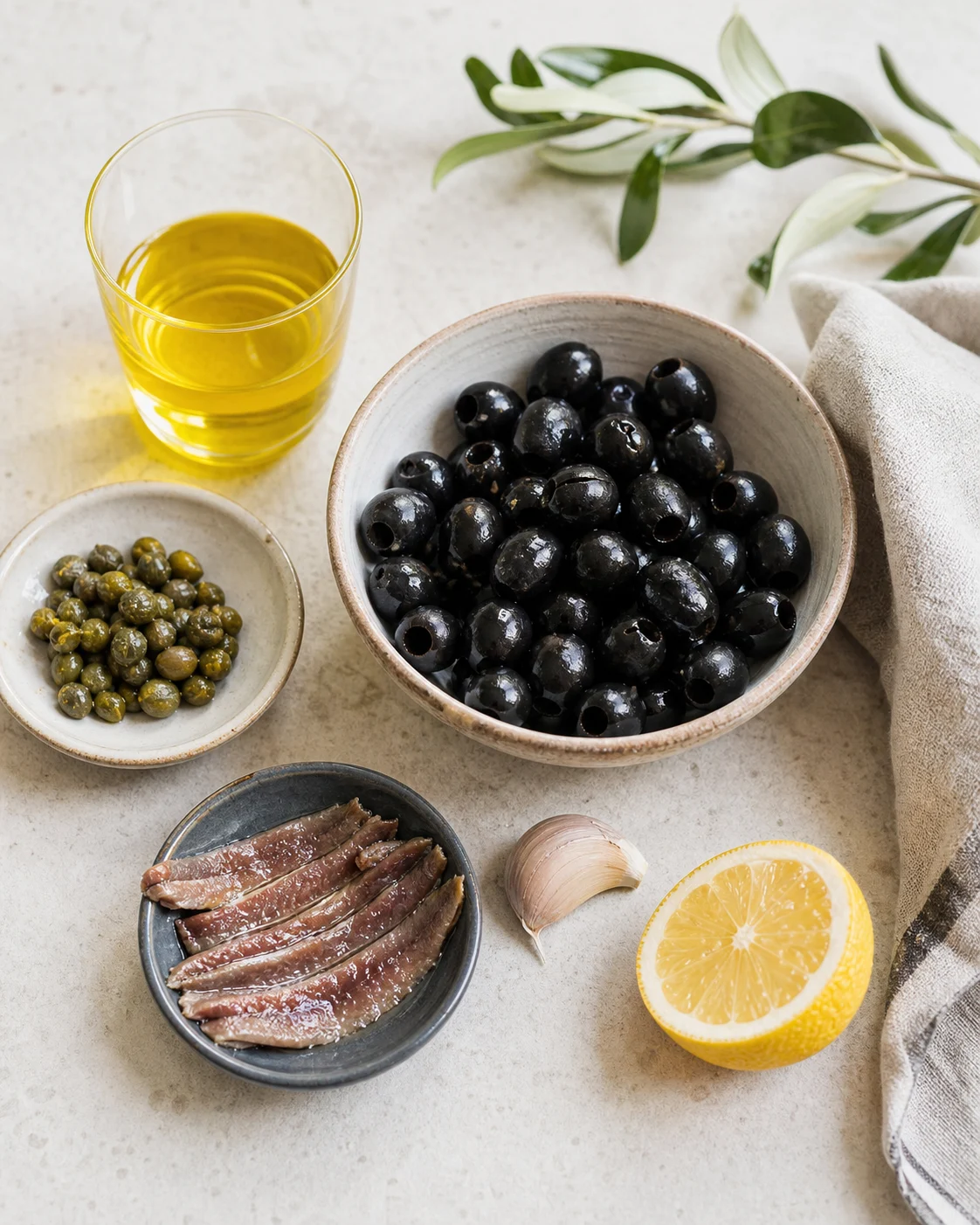 Ingrédients pour tapenade noire maison avec olives noires, câpres, anchois, ail et huile d’olive sur plan de travail clair