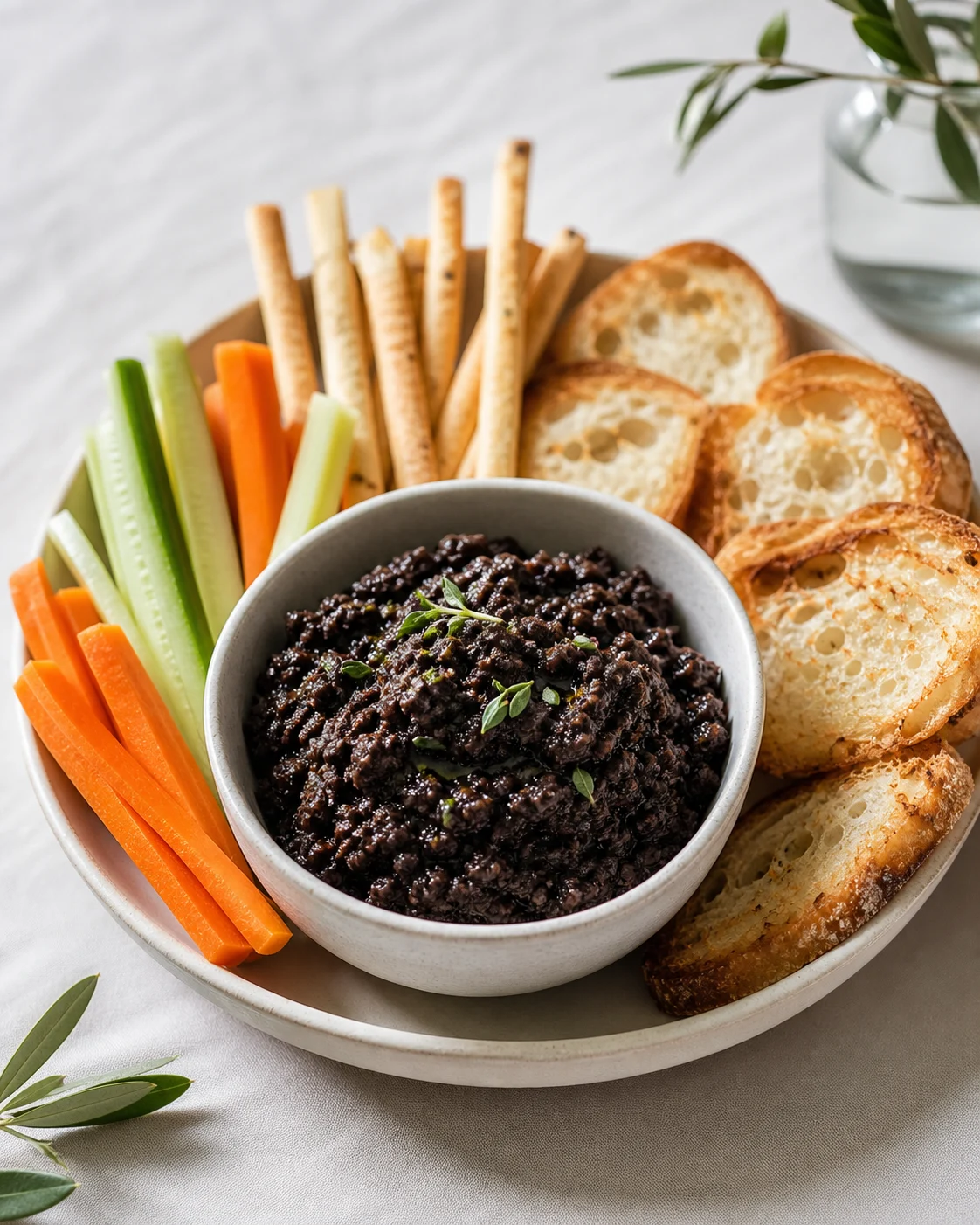 Tapenade noire maison servie à l’apéritif avec toasts, gressins et crudités sur table lumineuse