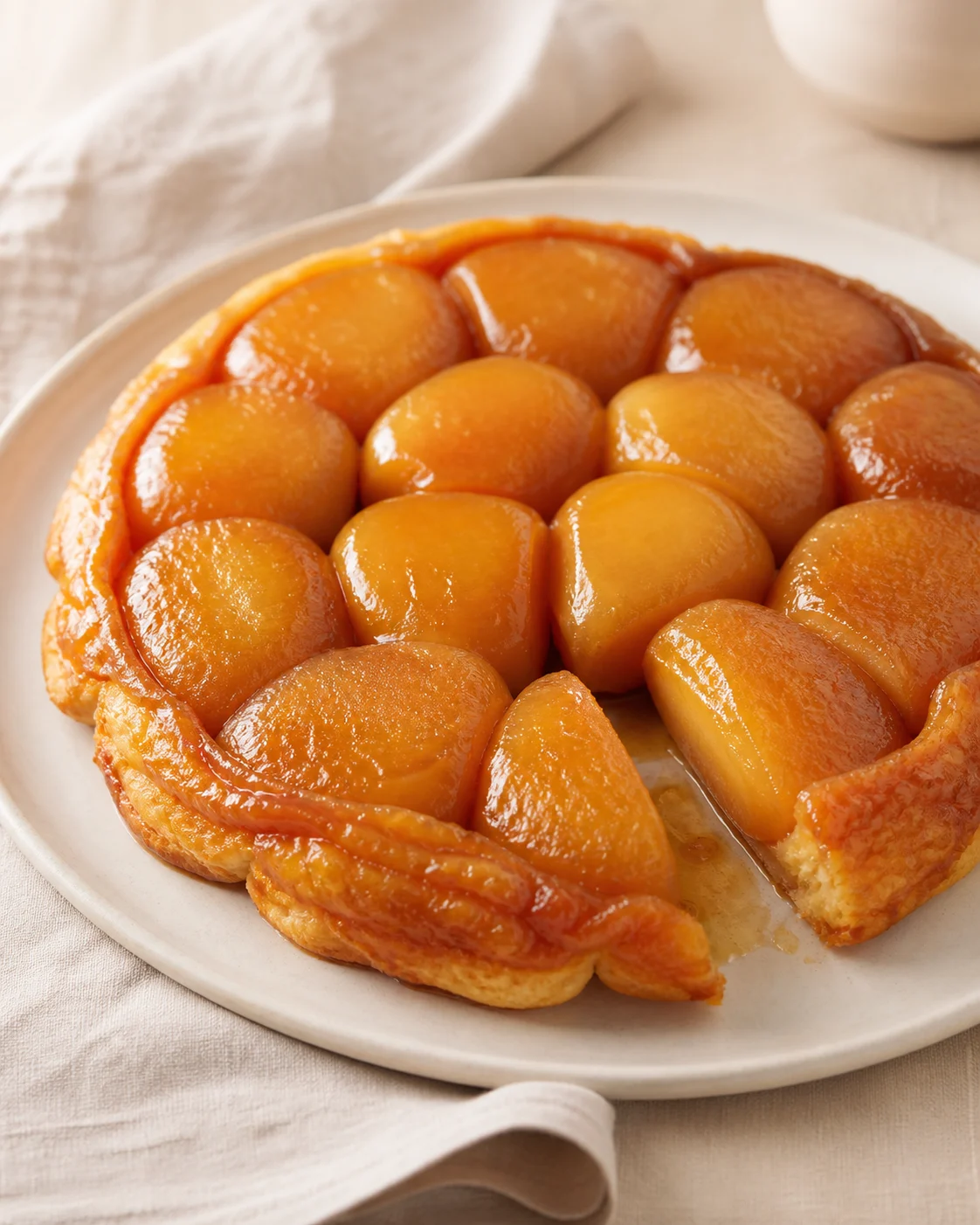 Tarte tatin facile démoulée avec pommes caramélisées brillantes et pâte dorée