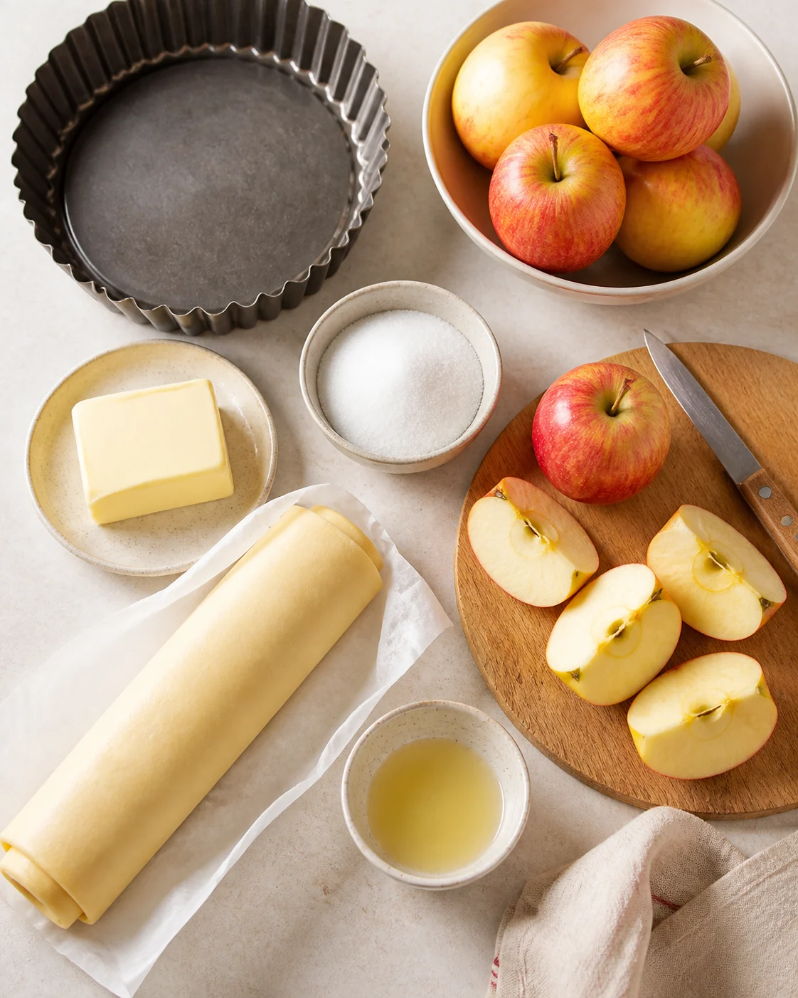 Ingrédients de la tarte tatin facile avec pommes, beurre, sucre, pâte brisée et moule sur plan de travail clair