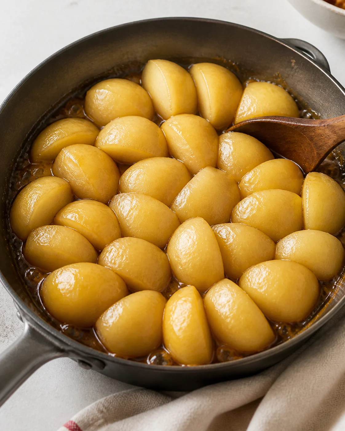 Pommes en train de confire dans un caramel blond dans un moule compatible four