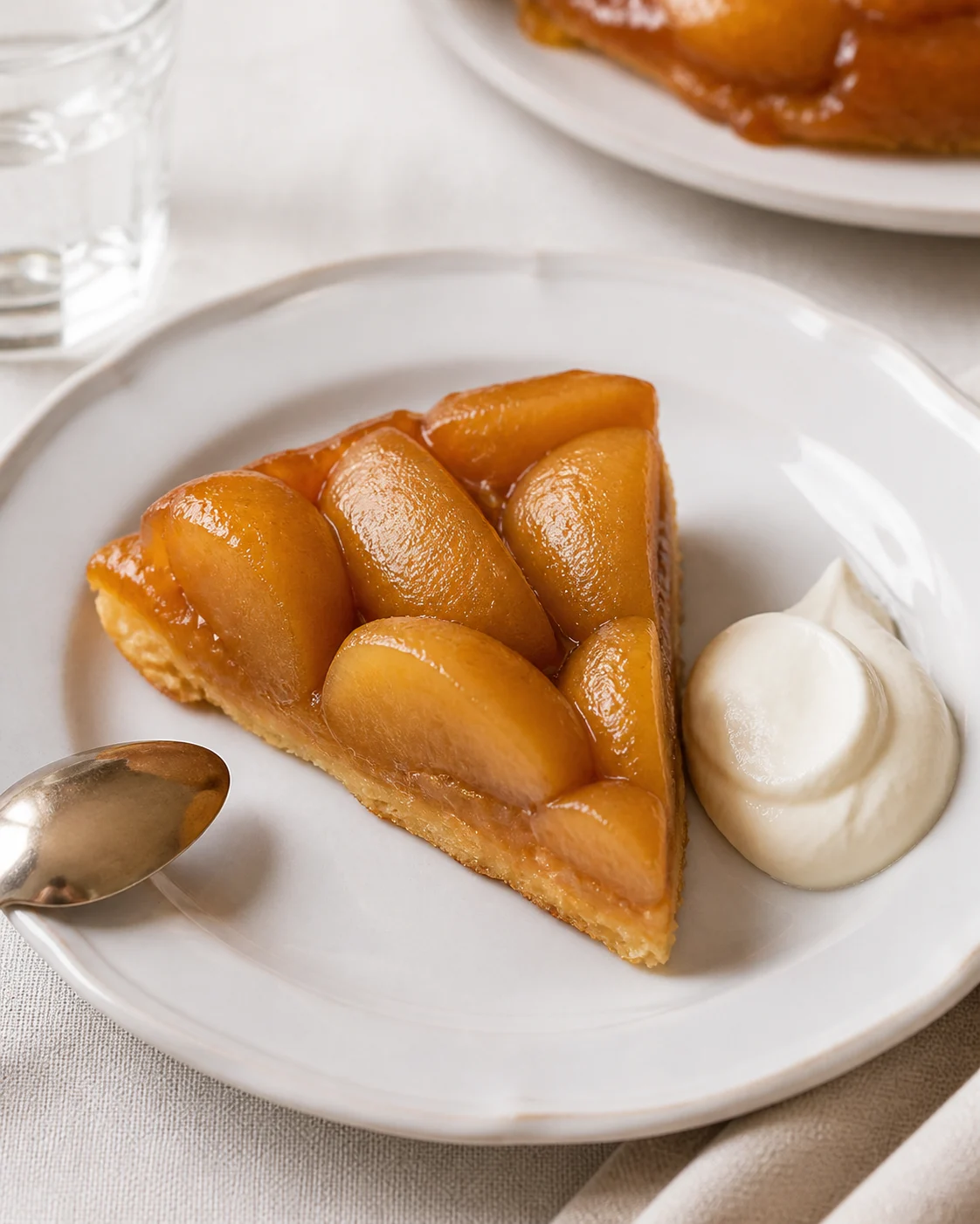 Part de tarte tatin facile servie tiède avec crème fraîche en accompagnement
