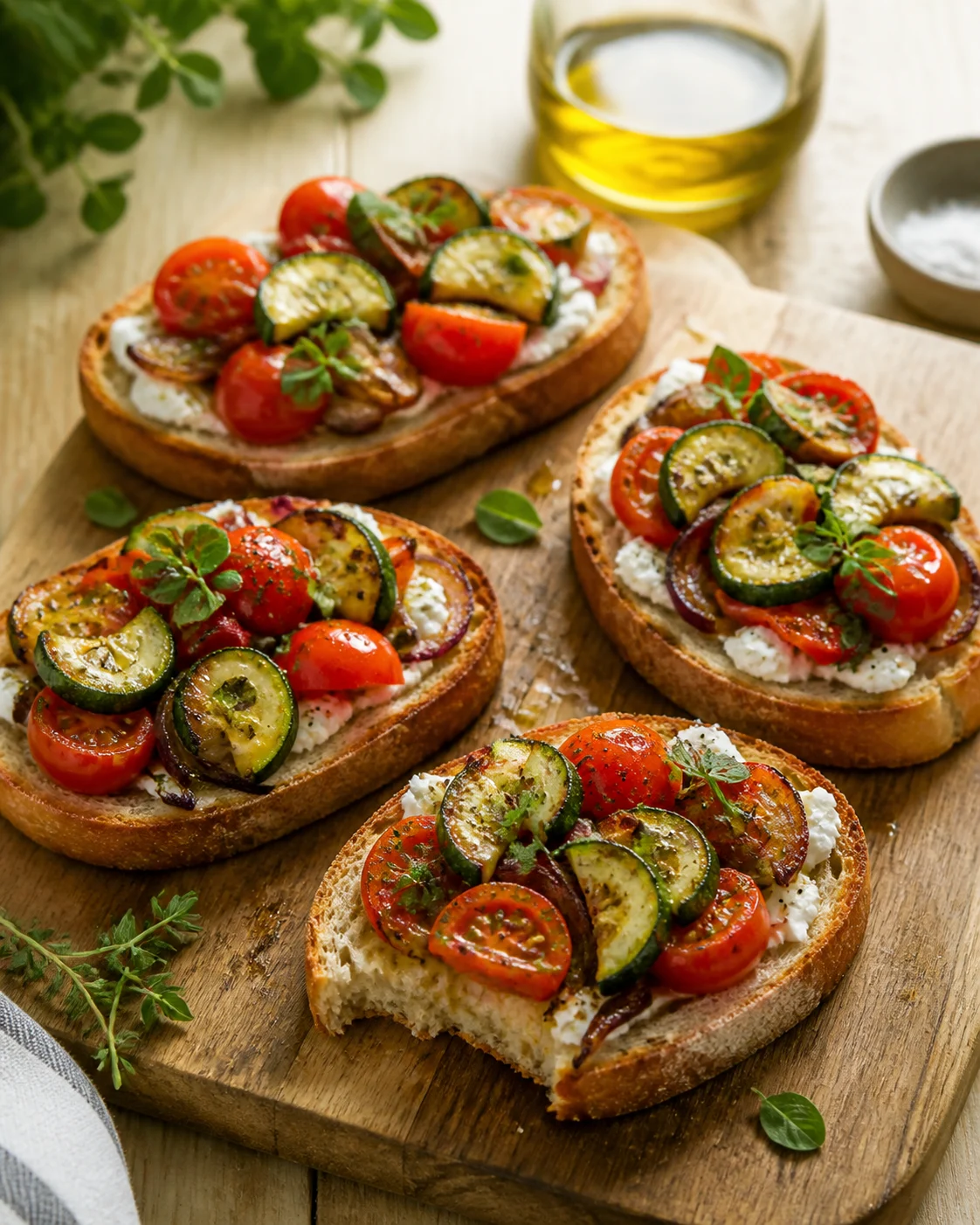 Tartines dorées au fromage frais, tomates, courgettes grillées et herbes fraîches sur planche en bois