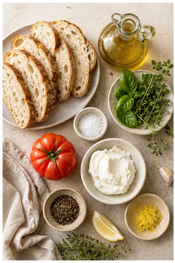 Ingrédients pour tartines dorées avec pain de campagne, huile d’olive, herbes fraîches, tomate et fromage frais