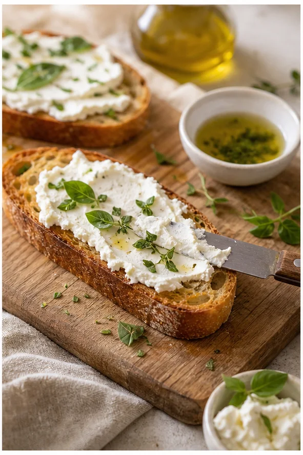 Préparation des tartines avec fromage frais étalé sur du pain grillé et herbes fraîches