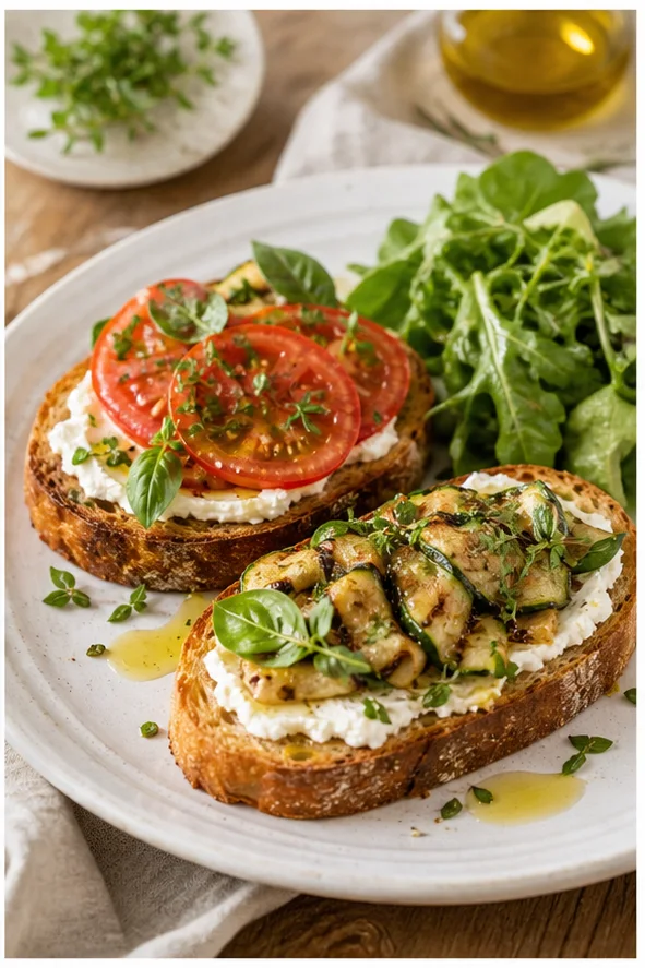 Tartines dorées servies avec tomate, légumes grillés, herbes fraîches et salade verte