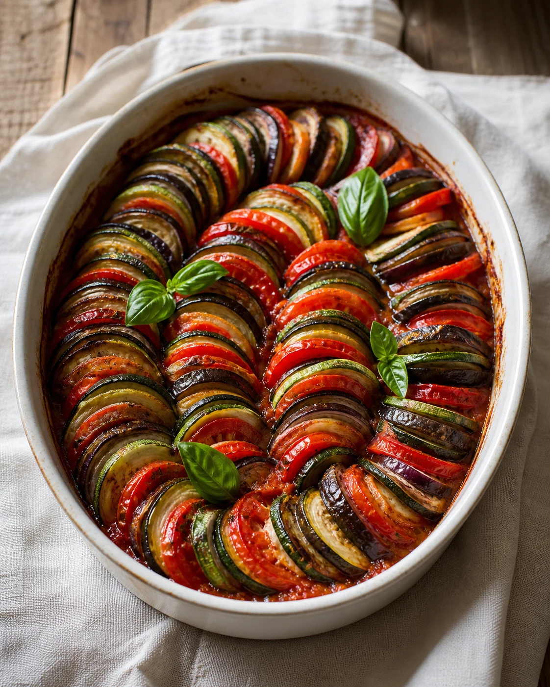 Tian de légumes doré dans un plat ovale avec rangées de tomates, courgettes et aubergines bien visibles