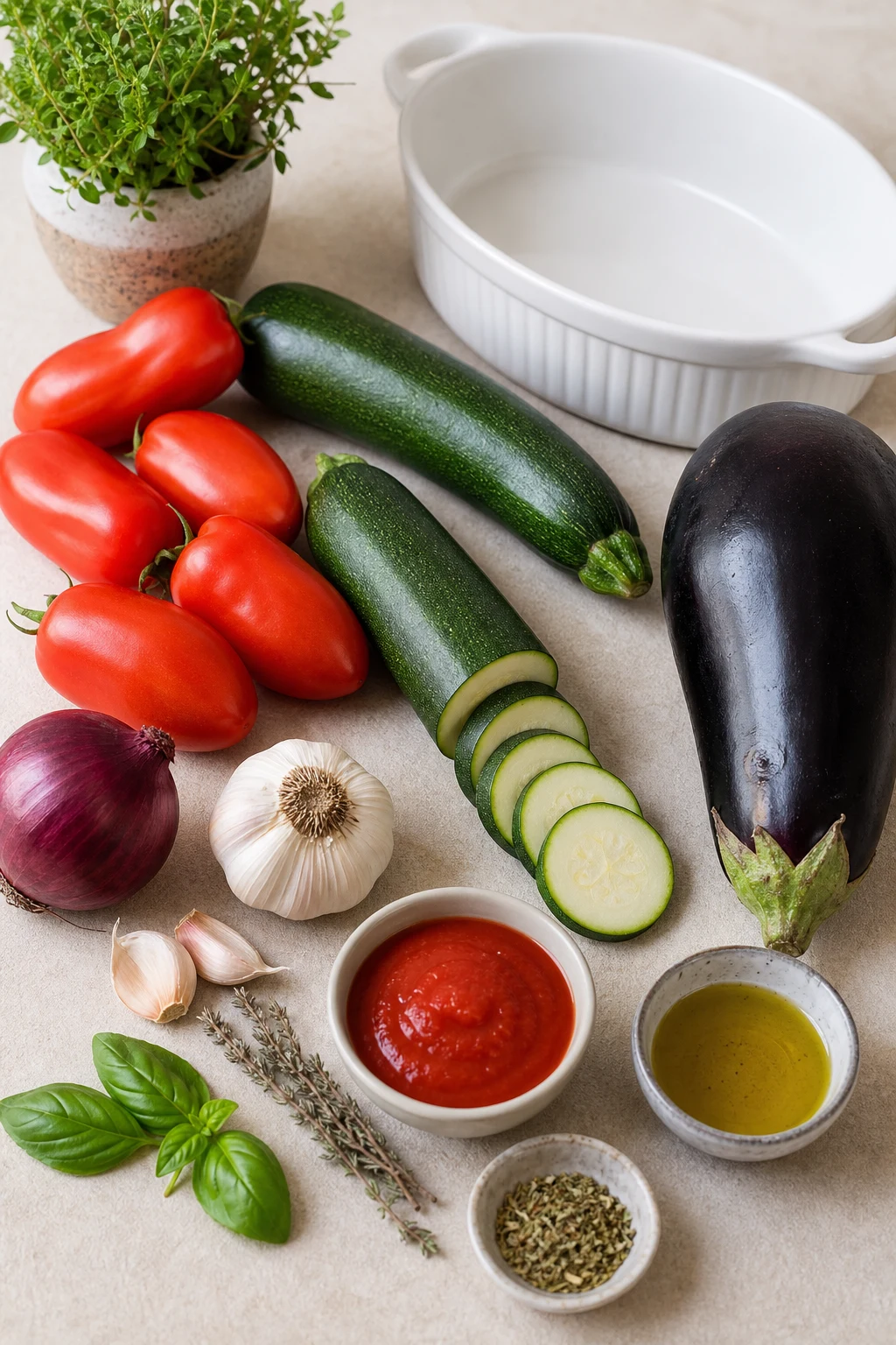 Ingrédients du tian de légumes avec courgettes, aubergine, tomates Roma, oignon rouge, ail, coulis tomate, huile d’olive et herbes près d’un plat blanc
