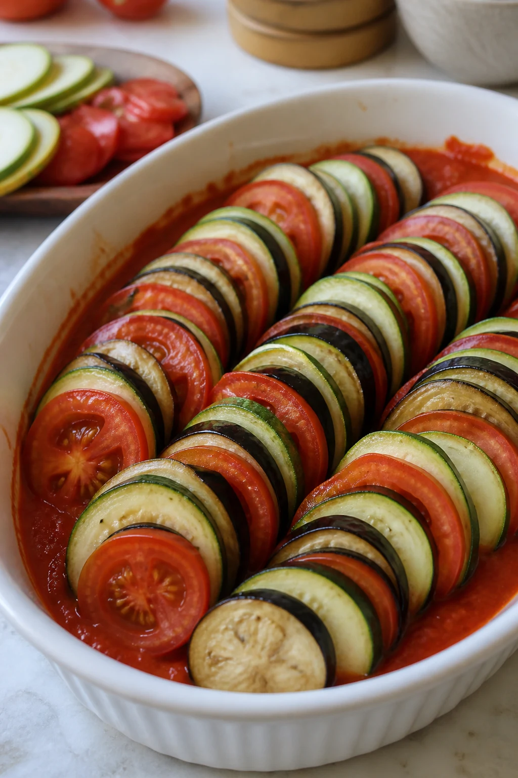 Rondelles de tomates, courgettes et aubergines serrées en rangées dans un plat ovale sur un fond de coulis tomate
