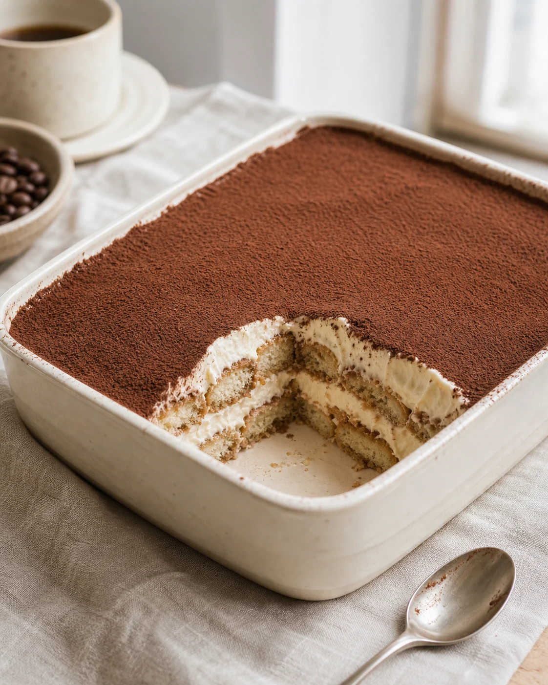 Tiramisu sans alcool au cafe dans un plat clair avec couches visibles et cacao sur le dessus