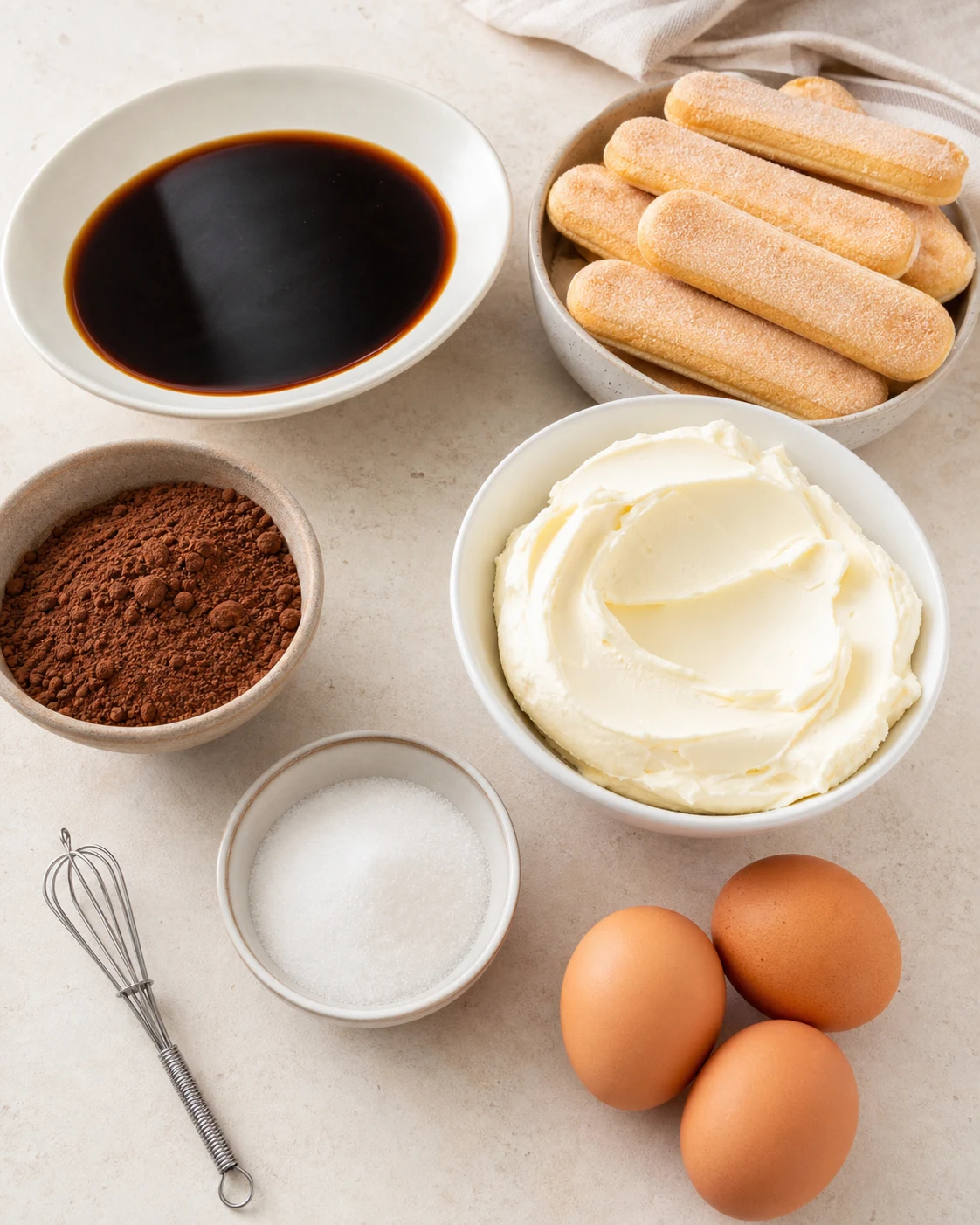Ingredients du tiramisu sans alcool avec mascarpone, oeufs, cafe froid, biscuits a la cuillere, sucre et cacao sur plan de travail clair
