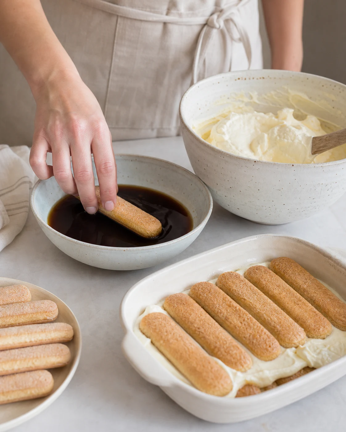 Montage du tiramisu sans alcool avec biscuits rapidement trempes dans le cafe et creme mascarpone aerienne dans un plat clair
