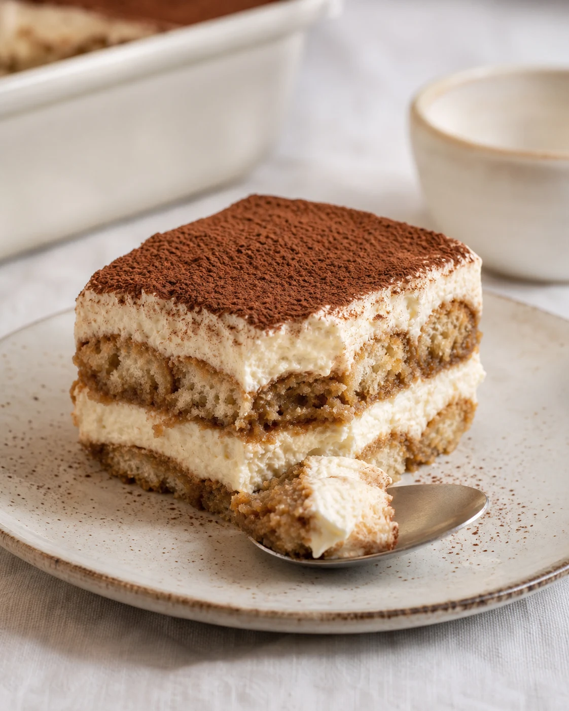 Part de tiramisu sans alcool servie a la cuillere avec couches creme et biscuits visibles et cacao tamise