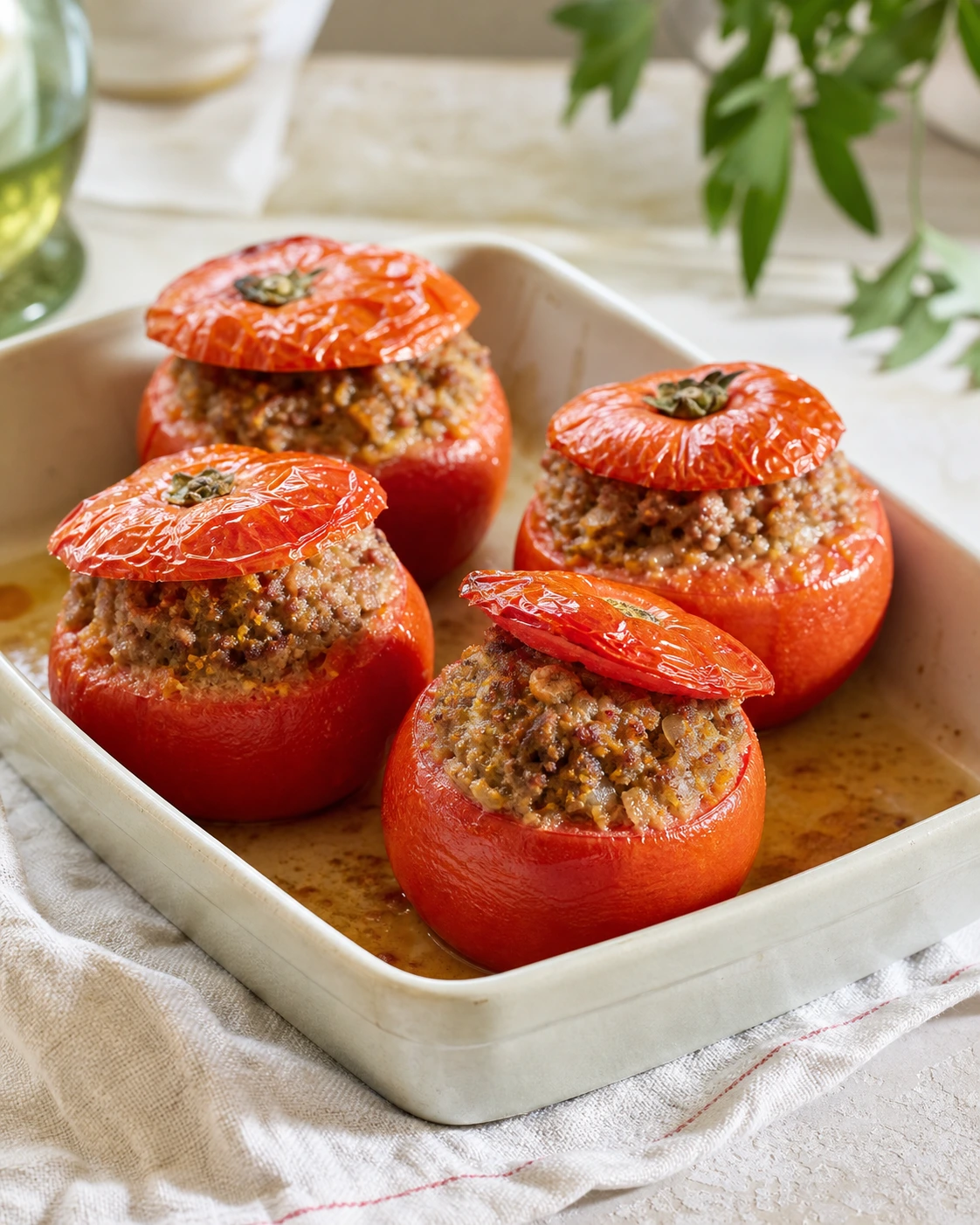 Tomates farcies faciles au four dans un plat clair avec farce dorée visible et chapeaux réservés