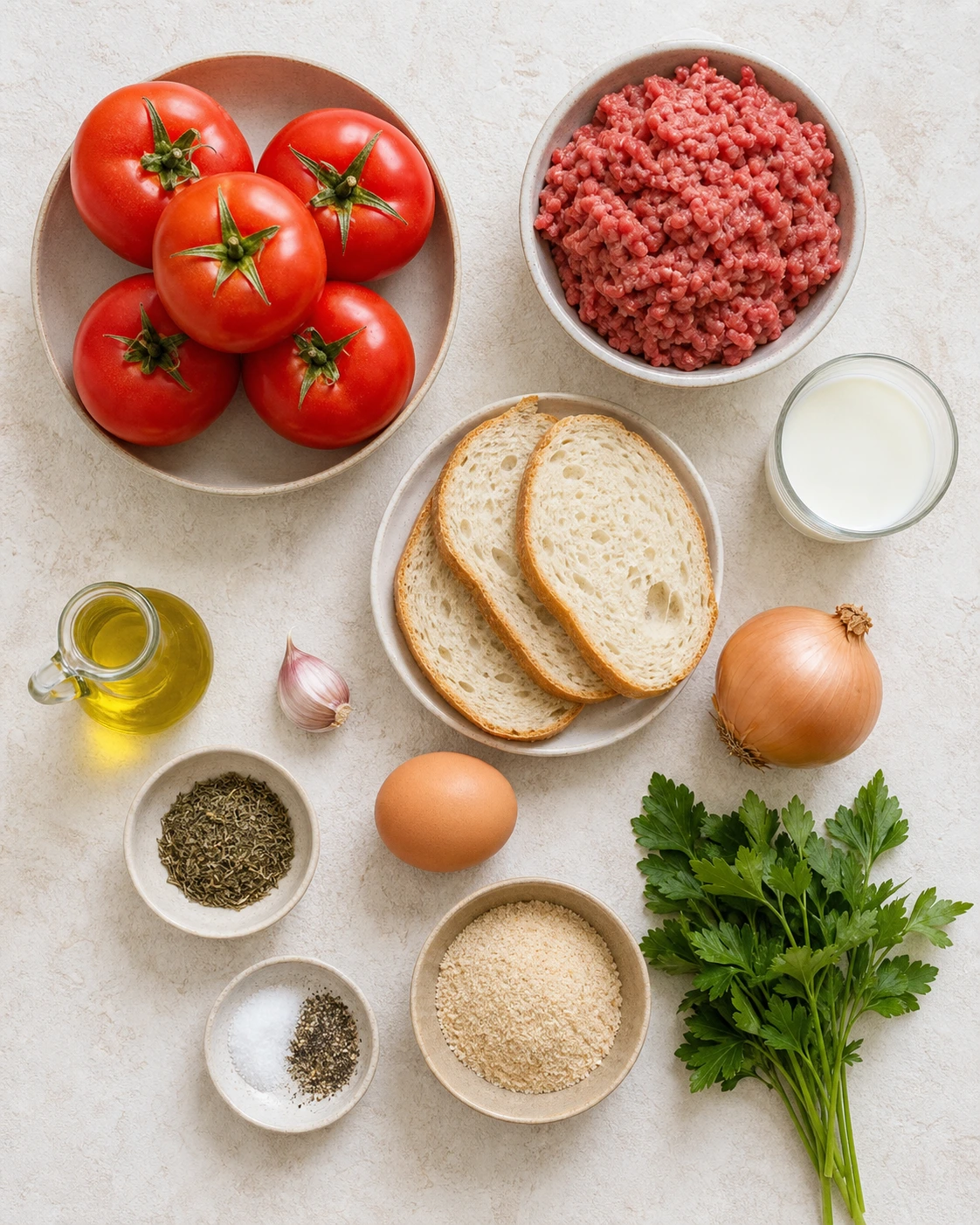 Ingrédients pour tomates farcies faciles avec tomates, bœuf haché, pain, lait, oignon, ail, œuf, persil et chapelure