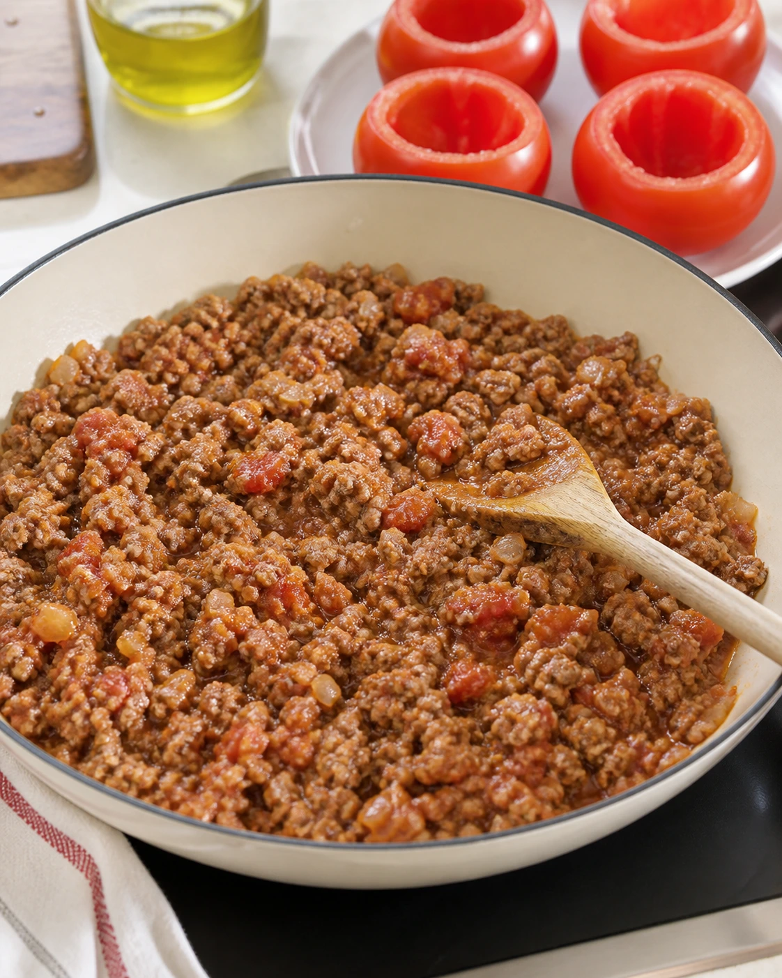 Pulpe de tomate et farce au bœuf en cuisson dans une sauteuse avant de garnir les tomates