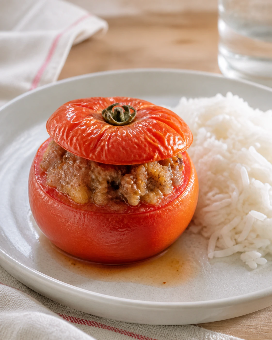 Tomate farcie servie dans une assiette claire avec riz blanc et jus discret