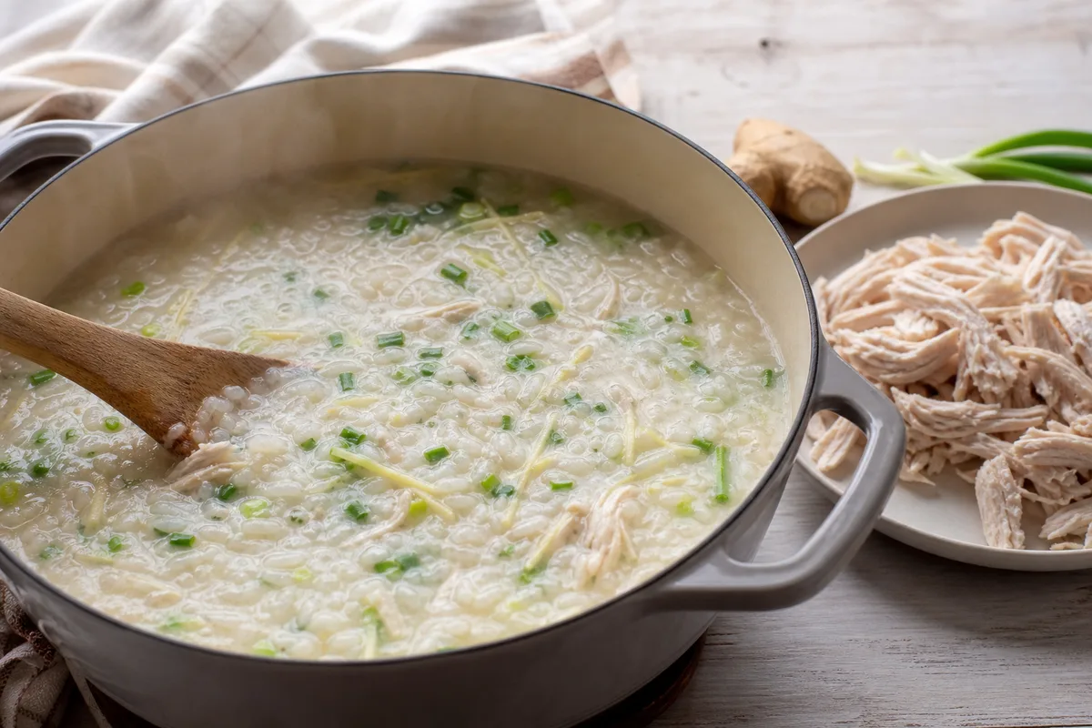 Soupe de riz tsock en cours de cuisson dans une cocotte avec riz crémeux, gingembre, ciboule et poulet effiloché à côté