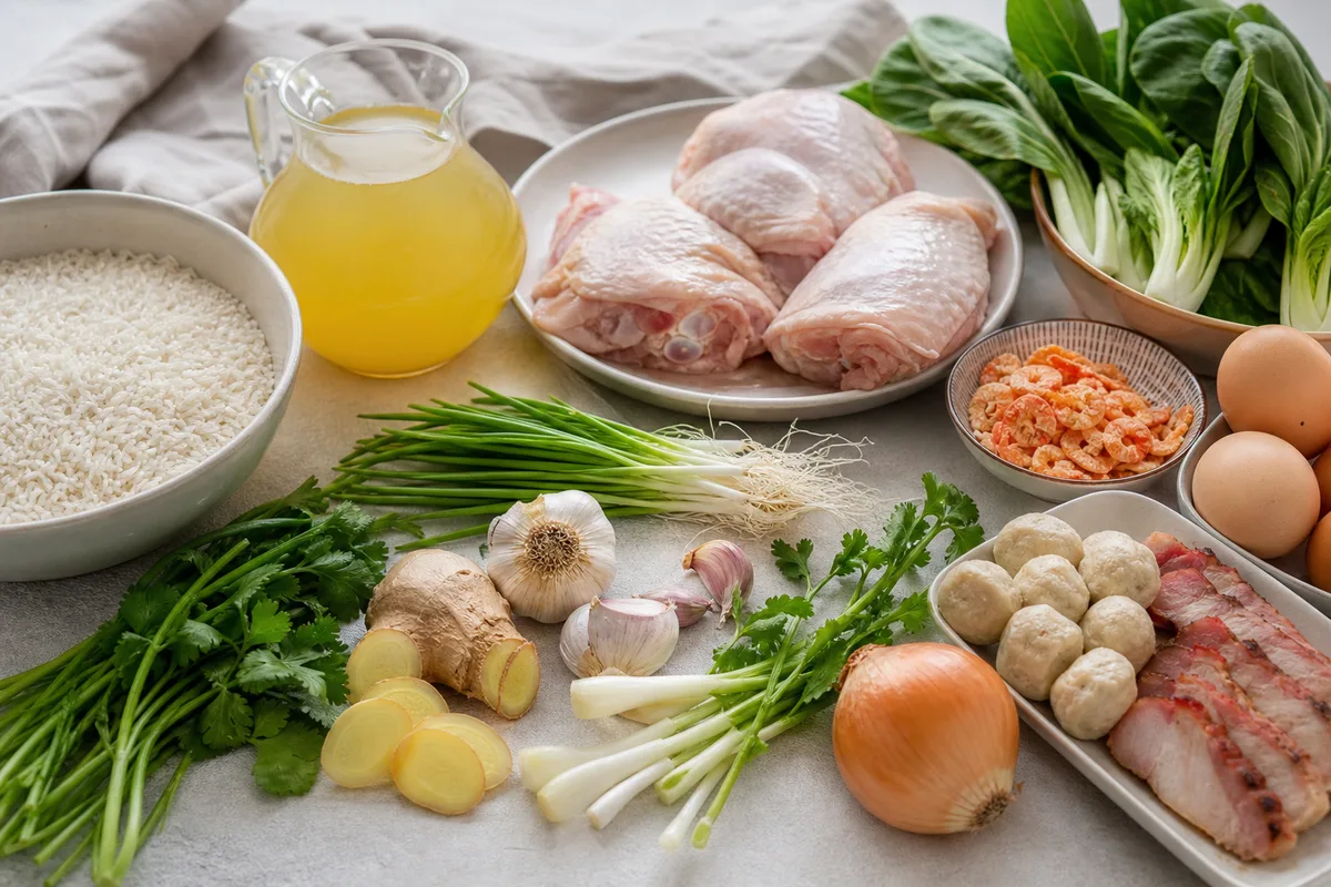 Ingrédients du tsock maison malgache avec riz, poulet, gingembre, herbes, œufs, bouillon, crevettes, boulettes et char siu